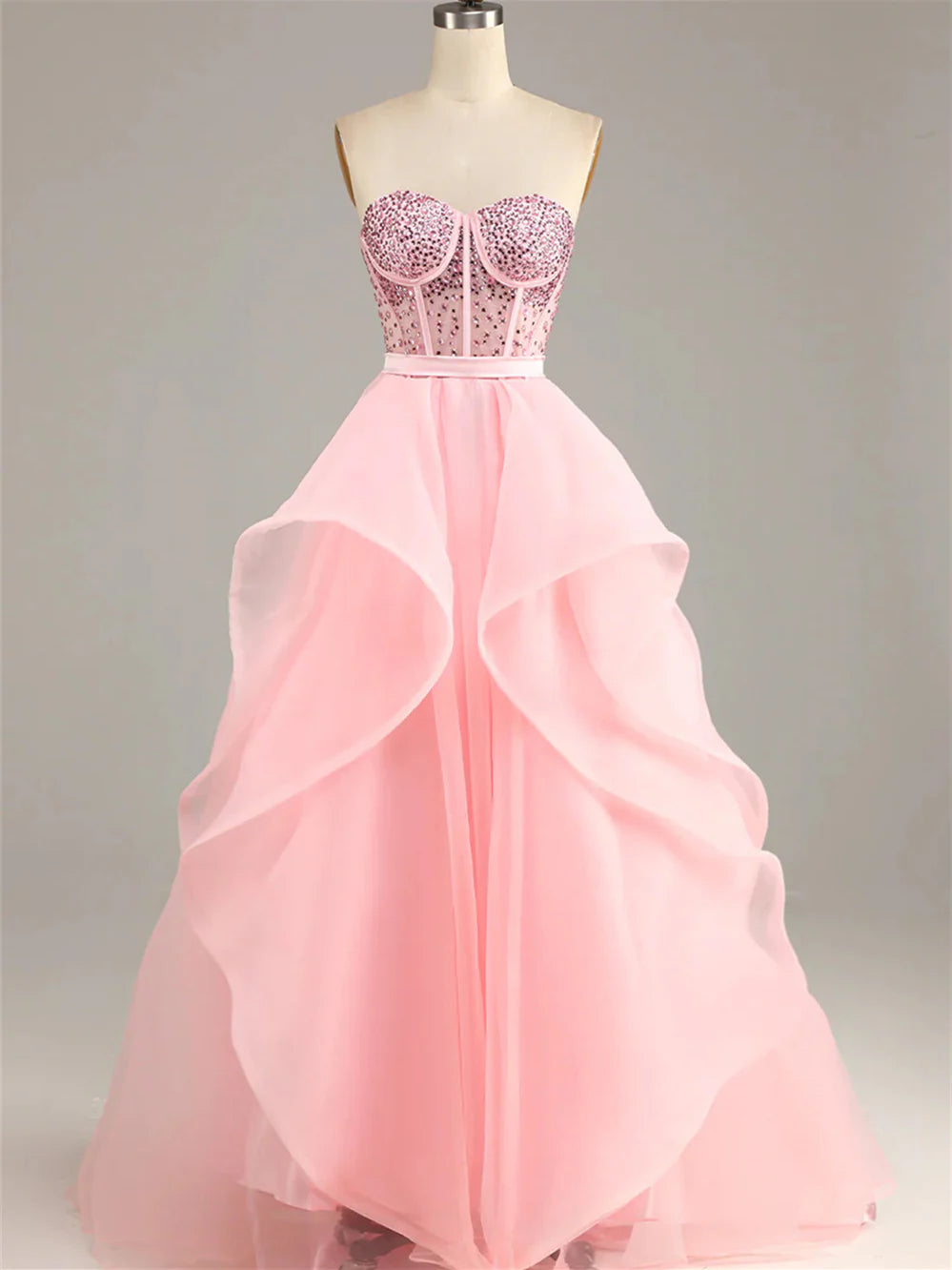 Robe de soirée bustier sans manches, longue au sol, ornée de perles